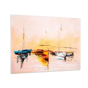 Cuadro sobre vidrio - Impresiones sobre Vidrio - Barcos coloridos amarrados contra un fondo de puesta de sol impresionista - 70x50cm - Atardecer en el puerto deportivo - Decoración de pared moderna para salón y dormitorio ARTTOR
