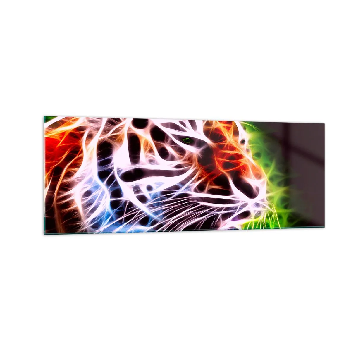 Cuadro sobre vidrio - Impresiones sobre Vidrio - Retrato artístico colorido de un tigre en estilo neón sobre fondo negro. - 140x50cm - Un aura amenazante - Decoración de pared moderna para salón y dormitorio ARTTOR