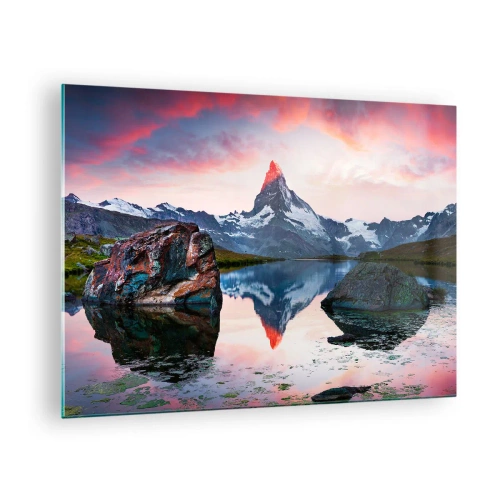 Cuadro sobre vidrio - Impresiones sobre Vidrio - Un pico de montaña reflejado en la tranquila superficie de un lago al atardecer. - 70x50cm - El corazón de las montañas arde - Decoración de pared moderna para salón y dormitorio ARTTOR