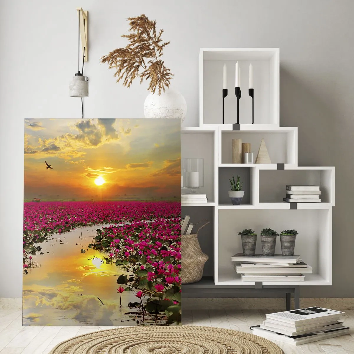 Cuadro sobre vidrio - Impresiones sobre Vidrio - Nenúfares rosados en un lago al atardecer - 50x70cm - La vida secreta del lago - Decoración de pared moderna para salón y dormitorio ARTTOR
