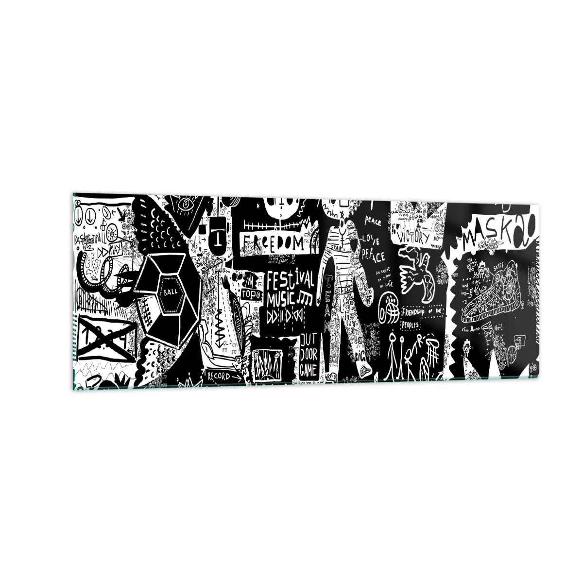 Cuadro sobre vidrio - Impresiones sobre Vidrio - Collage en blanco y negro inspirado en el arte callejero - 140x50cm - La juventud espiritual de la ley y la alegría - Decoración de pared moderna para salón y dormitorio ARTTOR