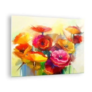 Cuadro sobre vidrio - Impresiones sobre Vidrio - Amapolas coloridas en colores vivos. - 70x50cm - No solo rojo - Decoración de pared moderna para salón y dormitorio ARTTOR