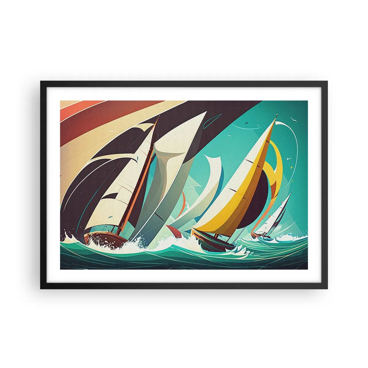 Póster en marco negro - Una ilustración dinámica de veleros en un mar tempestuoso. - 70x50cm - Afrontar los elementos - Decoración de pared moderna para salón y dormitorio ARTTOR
