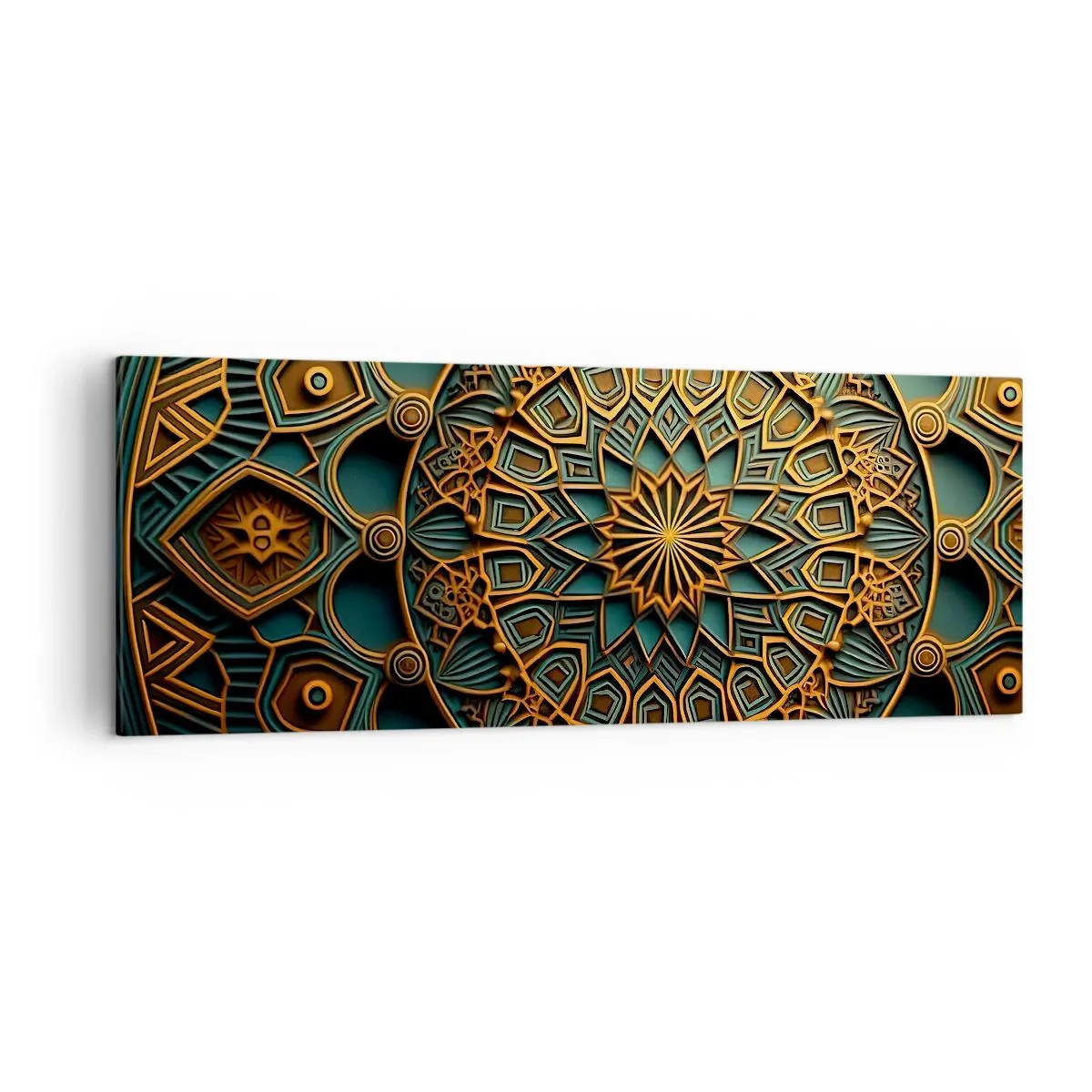 Cuadro sobre lienzo - Impresión de Imagen - Un mandala dorado sobre un fondo turquesa con ricos detalles. - 140x50cm - En un clima árabe - Decoración de pared moderna para salón y dormitorio ARTTOR