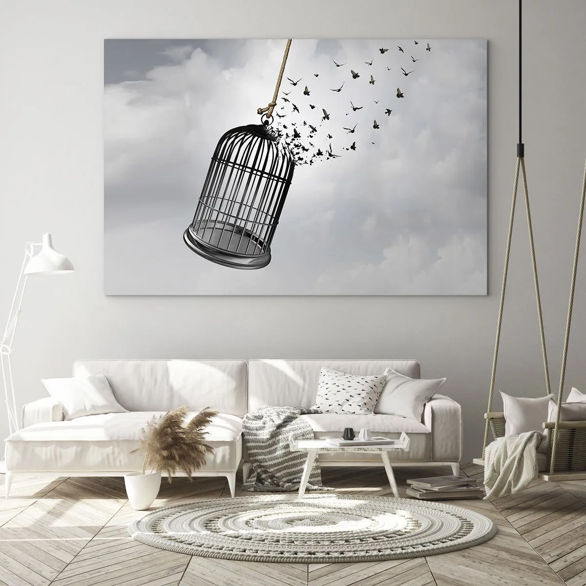 Cuadro sobre vidrio - Impresiones sobre Vidrio - La apertura de la jaula y los pájaros saliendo de ella contra el cielo. - 70x50cm - Fe... Esperanza... ¡Libertad! - Decoración de pared moderna para salón y dormitorio ARTTOR