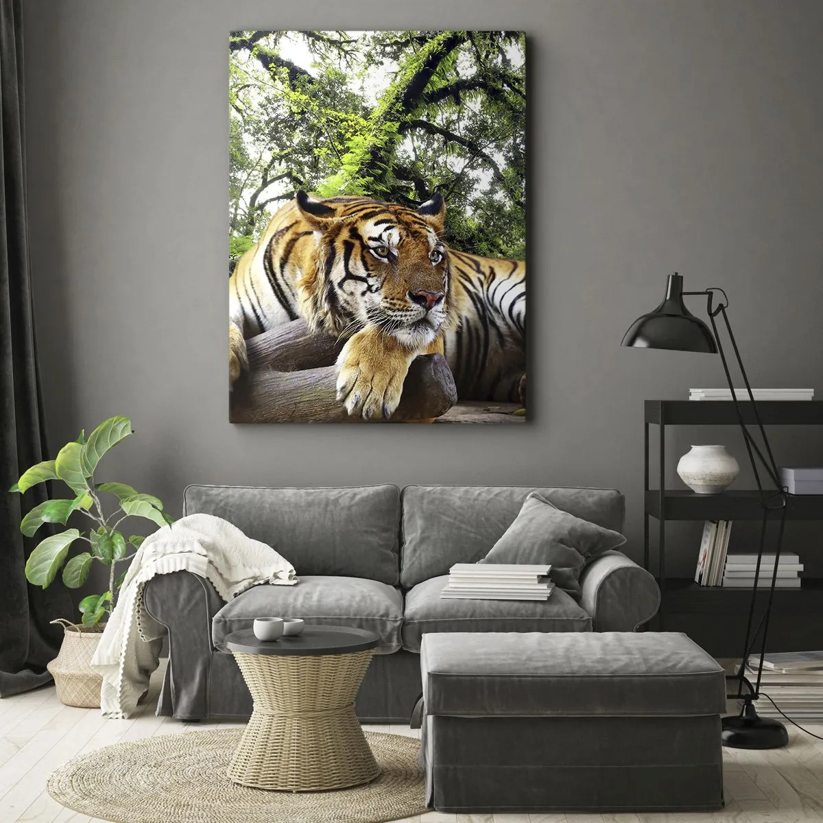 Cuadro sobre lienzo - Impresión de Imagen - Un tigre descansando en un bosque tropical. - 70x100cm - Atentamente - Decoración de pared moderna para salón y dormitorio ARTTOR