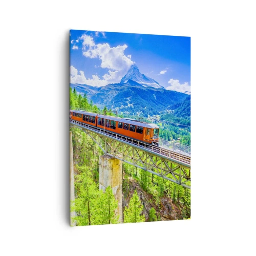 Cuadro sobre lienzo - Impresión de Imagen - Una montaña rusa en un puente con vistas a una cascada y montañas. - 70x100cm - Ferrocarril a los Alpes - Decoración de pared moderna para salón y dormitorio ARTTOR