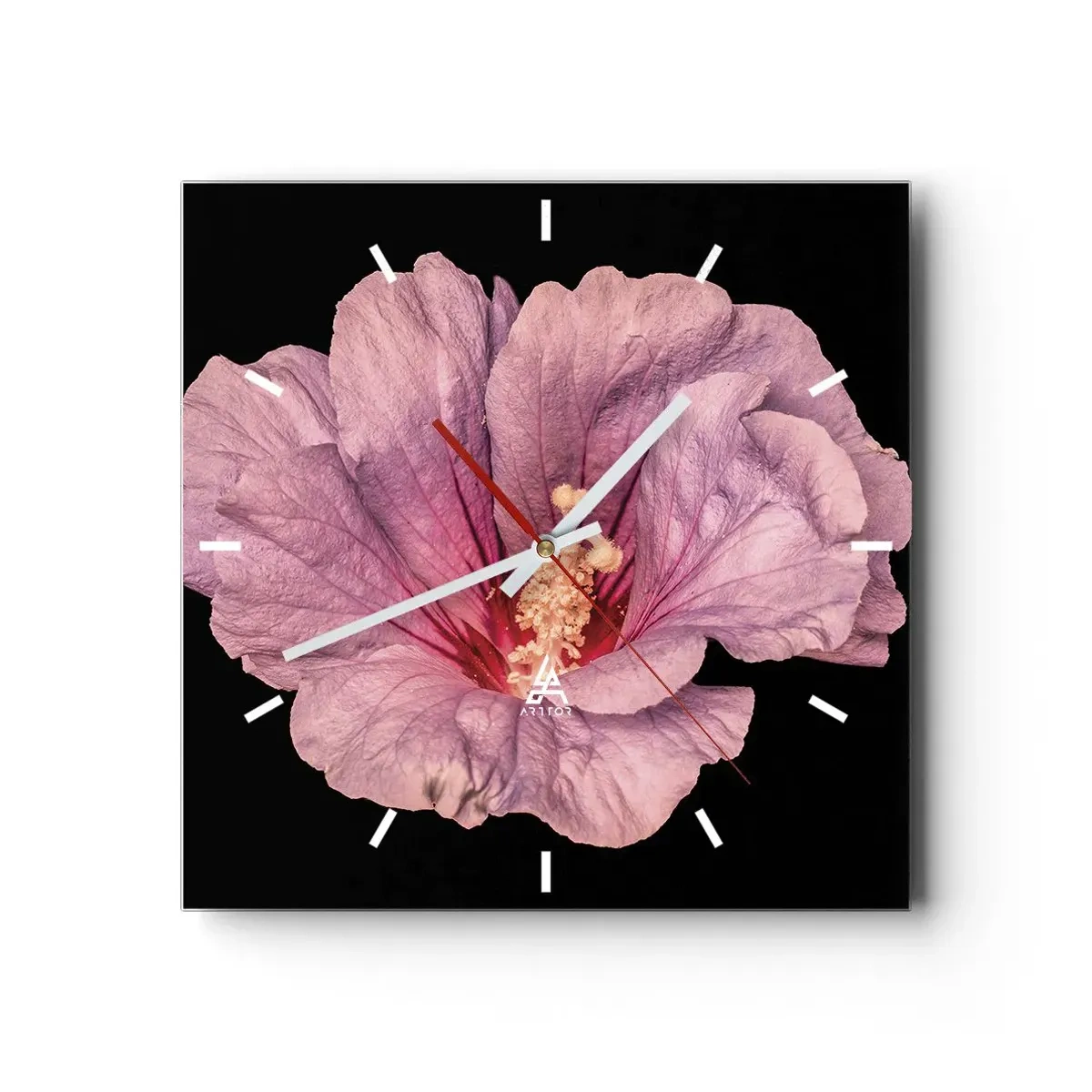 Reloj de pared - Reloj de vidrio - Flor rosa sobre fondo negro - 30x30cm - Directo al corazón - Decoración de pared moderna para salón y dormitorio ARTTOR