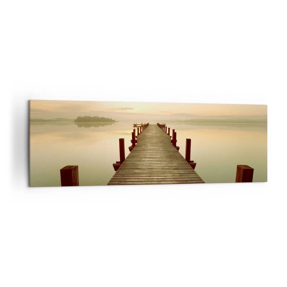 Cuadro sobre lienzo - Impresión de Imagen - Un embarcadero de madera en un lago tranquilo por la mañana. - 160x50cm - Antes del amanecer, al amanecer, la luz - Decoración de pared moderna para salón y dormitorio ARTTOR