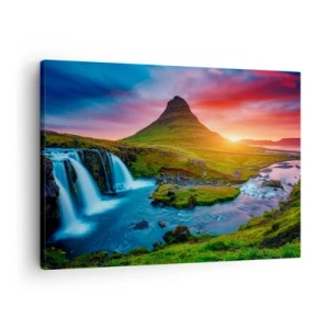 Cuadro sobre lienzo - Impresión de Imagen - Cascada pintoresca y montaña al atardecer - 70x50cm - Islandia - fuego y agua - Decoración de pared moderna para salón y dormitorio ARTTOR