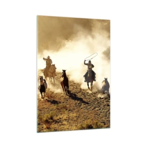 Cuadro sobre vidrio - Impresiones sobre Vidrio - Vaqueros a caballo en el polvo en un rodeo - 50x70cm - El salvaje oeste - Decoración de pared moderna para salón y dormitorio ARTTOR