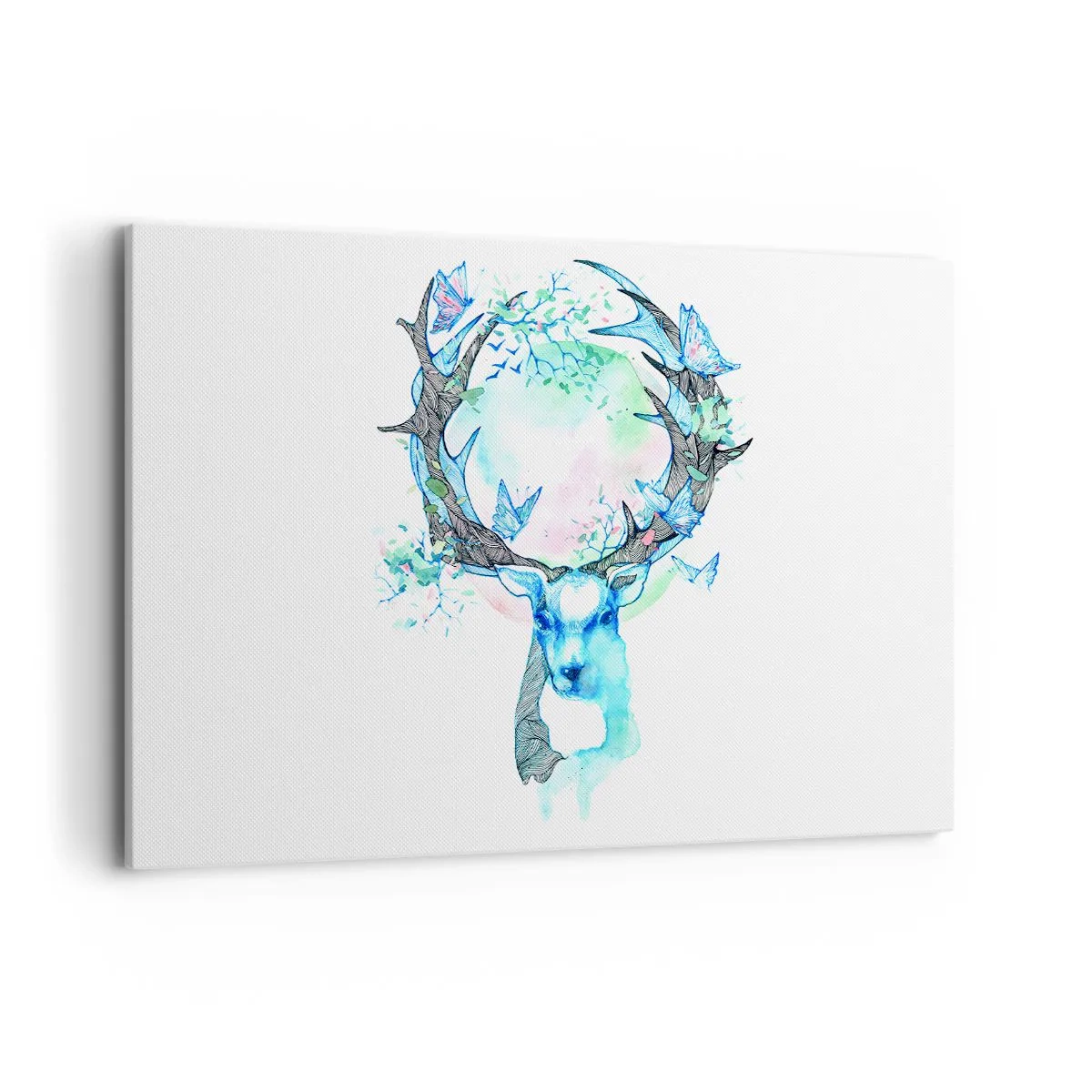 Cuadro sobre lienzo - Impresión de Imagen - Un gráfico caprichoso de ciervo con motivos de naturaleza y mariposas. - 120x80cm - La fuerza y la dulzura de la naturaleza - Decoración de pared moderna para salón y dormitorio ARTTOR