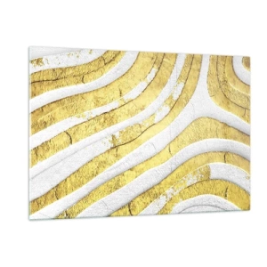 Cuadro sobre vidrio - Impresiones sobre Vidrio - Ondas abstractas doradas y blancas con efecto textural - 120x80cm - Una composición en blanco y oro - Decoración de pared moderna para salón y dormitorio ARTTOR