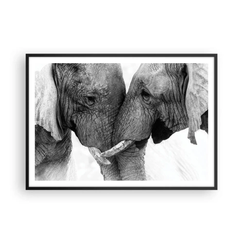 Póster en marco negro - Dos elefantes en un gesto tierno sobre un fondo monocromático. - 100x70cm - Una confesión sincera - Decoración de pared moderna para salón y dormitorio ARTTOR