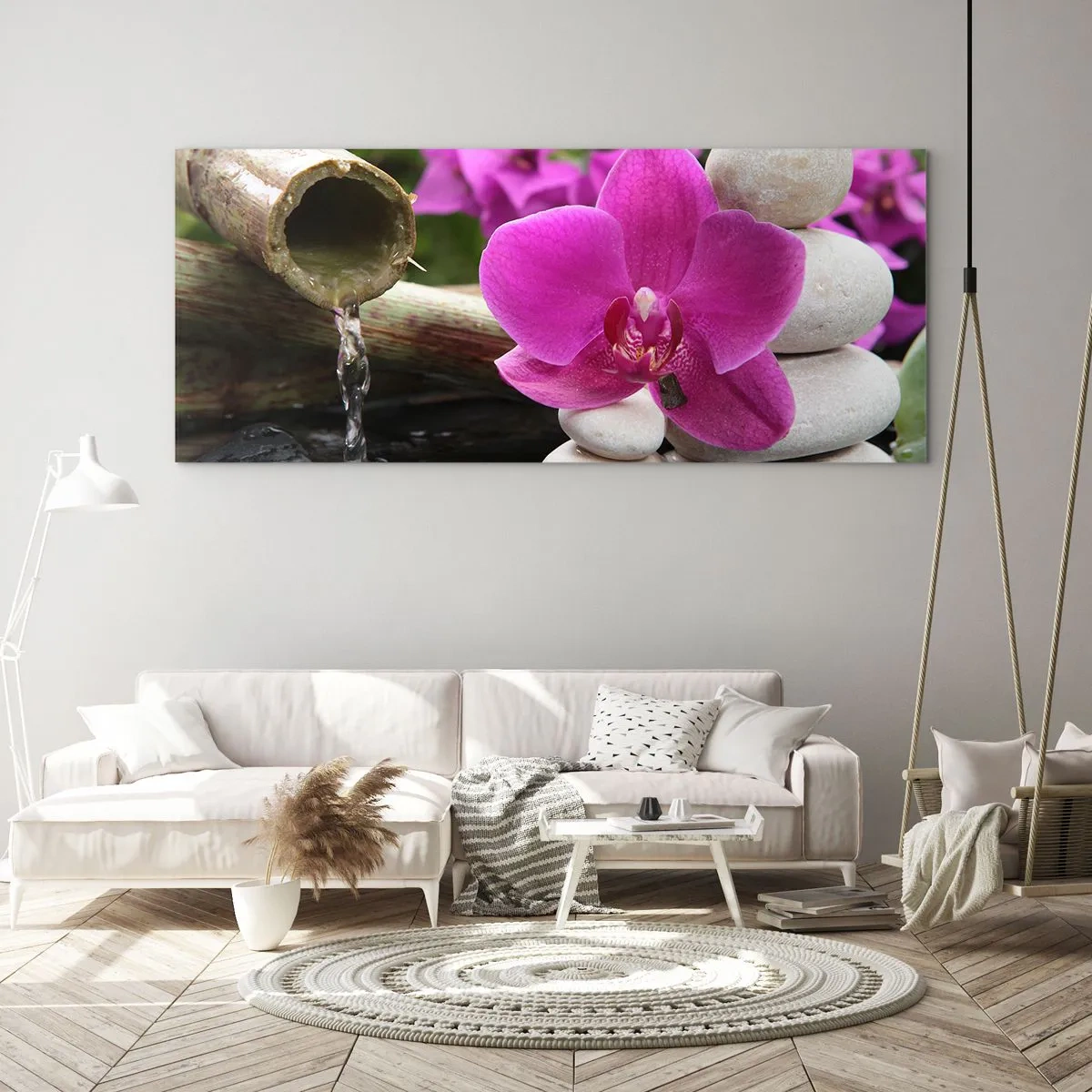 Cuadro sobre vidrio - Impresiones sobre Vidrio - Orquídea morada, piedras y bambú con agua en un entorno relajante. - 140x50cm - Ya estás descansando - Decoración de pared moderna para salón y dormitorio ARTTOR