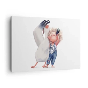 Cuadro sobre lienzo - Impresión de Imagen - Ilustración de un niño con un pelícano y un telescopio en la mano. - 70x50cm - Un plan para un gran viaje - Decoración de pared moderna para salón y dormitorio ARTTOR