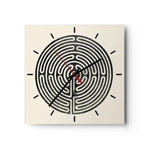 Reloj de pared - Reloj de vidrio - Laberinto circular en blanco y negro sobre un fondo claro - 30x30cm - Orden misterioso - Decoración de pared moderna para salón y dormitorio ARTTOR