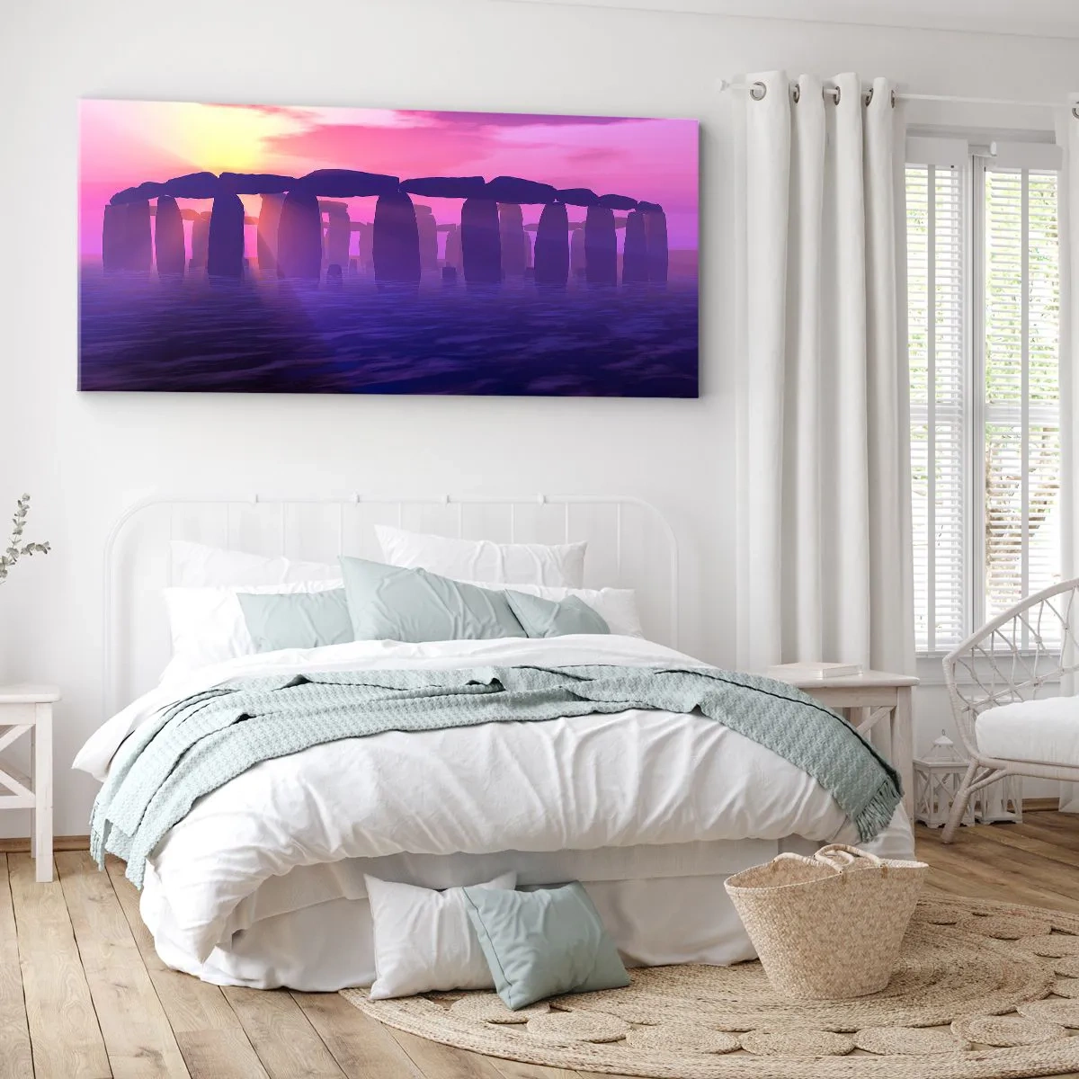 Cuadro sobre lienzo - Impresión de Imagen - Círculo de piedras al atardecer con un cielo violeta - 120x50cm - Misterio al amanecer en la niebla - Decoración de pared moderna para salón y dormitorio ARTTOR