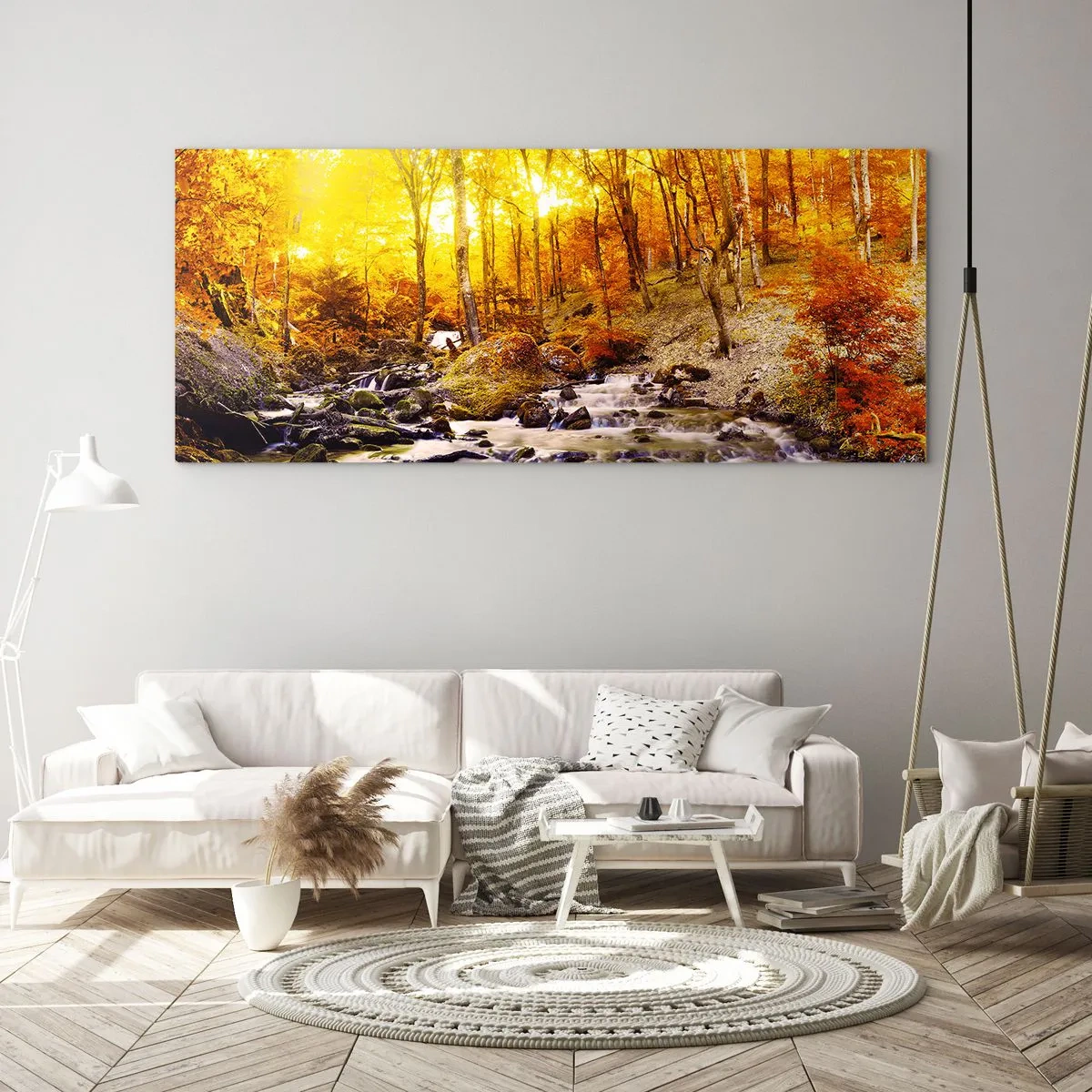 Cuadro sobre vidrio - Impresiones sobre Vidrio - Bosque otoñal con un arroyo entre hojas doradas - 120x50cm - Piedras bañadas en oro y platino - Decoración de pared moderna para salón y dormitorio ARTTOR