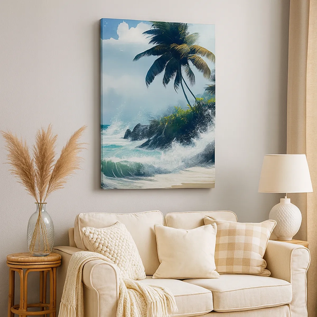 Cuadro sobre lienzo - Impresión de Imagen - Costa tropical con palmeras y mar agitado. - 50x70cm - En una costa tropical - Decoración de pared moderna para salón y dormitorio ARTTOR