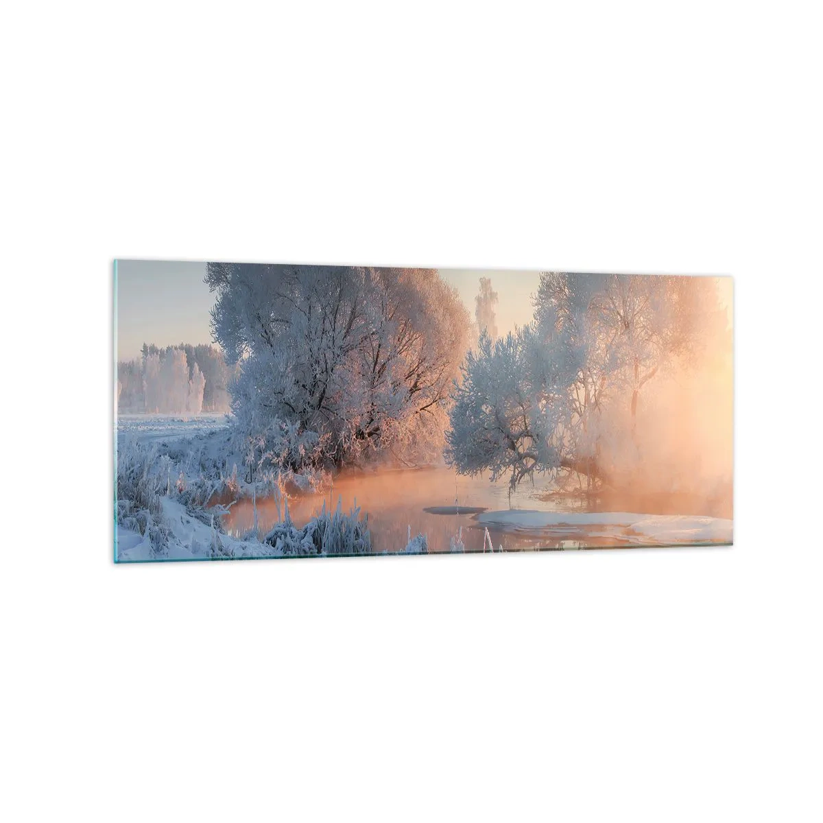 Cuadro sobre vidrio - Impresiones sobre Vidrio - Paisaje invernal con árboles cubiertos de nieve y una puesta de sol. - 120x50cm - Brillo cristalino - Decoración de pared moderna para salón y dormitorio ARTTOR