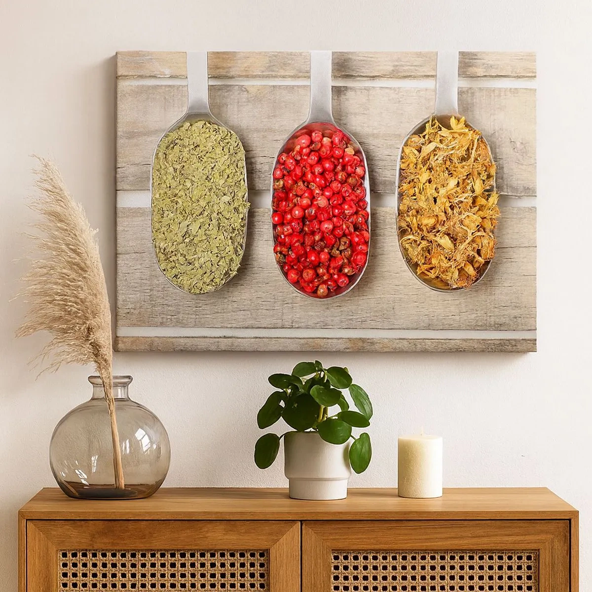 Cuadro sobre lienzo - Impresión de Imagen - Tres cucharas de metal con especias sobre un fondo de madera. - 70x50cm - La magia de la cocina - Decoración de pared moderna para salón y dormitorio ARTTOR