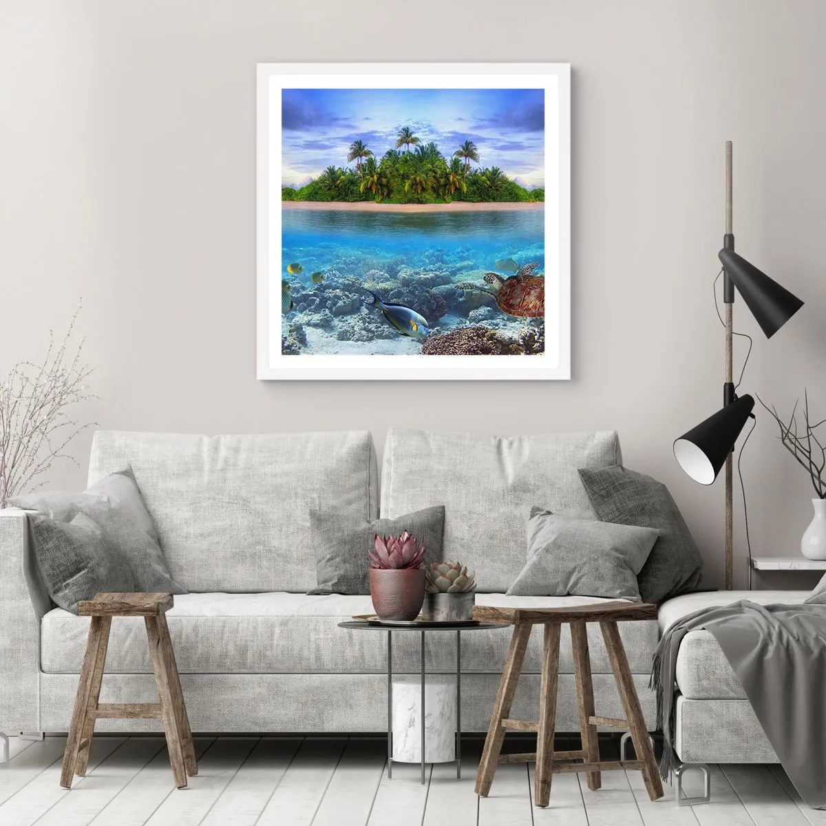 Póster en marco blanco - Una isla paradisíaca te invita - 60x60 cm