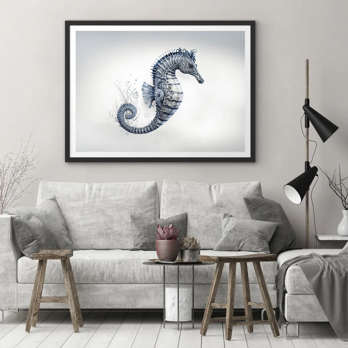 Póster en marco negro - Caballito de mar en tonos azules con detalles de acuarela - 70x50cm - Una sutil broma de la naturaleza - Decoración de pared moderna para salón y dormitorio ARTTOR