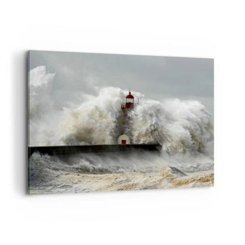 Cuadro sobre lienzo - Impresión de Imagen - Un faro rodeado de fuertes olas durante una tormenta. - 100x70cm - La furia del océano - Decoración de pared moderna para salón y dormitorio ARTTOR