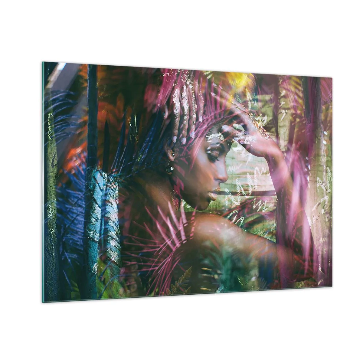 Cuadro sobre vidrio - Impresiones sobre Vidrio - Retrato de una mujer entre hojas tropicales y reflejos de luz. - 100x70cm - La madre naturaleza en la selva - Decoración de pared moderna para salón y dormitorio ARTTOR