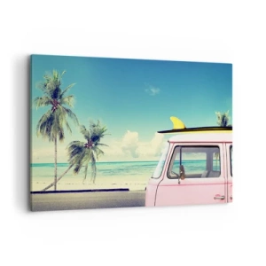 Cuadro sobre lienzo - Impresión de Imagen - Una camioneta rosa con una tabla de surf frente a una playa tropical. - 120x80cm - Comienzan las vacaciones - Decoración de pared moderna para salón y dormitorio ARTTOR