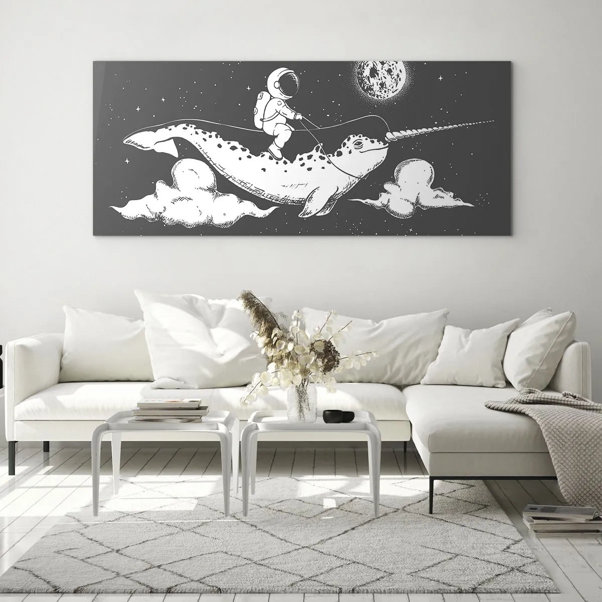 Cuadro sobre vidrio - Impresiones sobre Vidrio - Un astronauta en el lomo de un narval flotando en una escena espacial. - 140x50cm - Jinete espacial - Decoración de pared moderna para salón y dormitorio ARTTOR