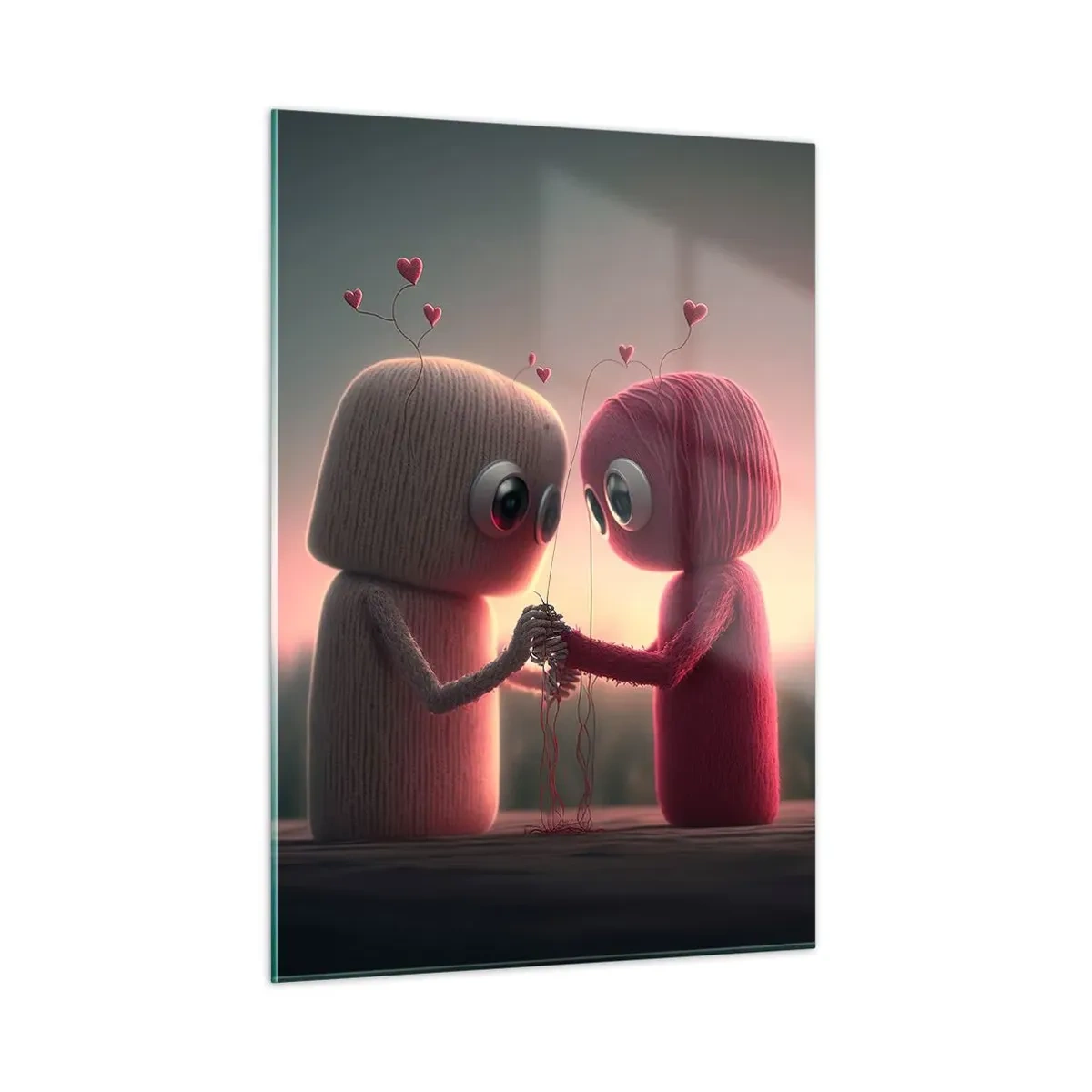 Cuadro sobre vidrio - Impresiones sobre Vidrio - Dos figuras de hilo tomadas de la mano con corazones. - 50x70cm - Todo el mundo puede amar - Decoración de pared moderna para salón y dormitorio ARTTOR