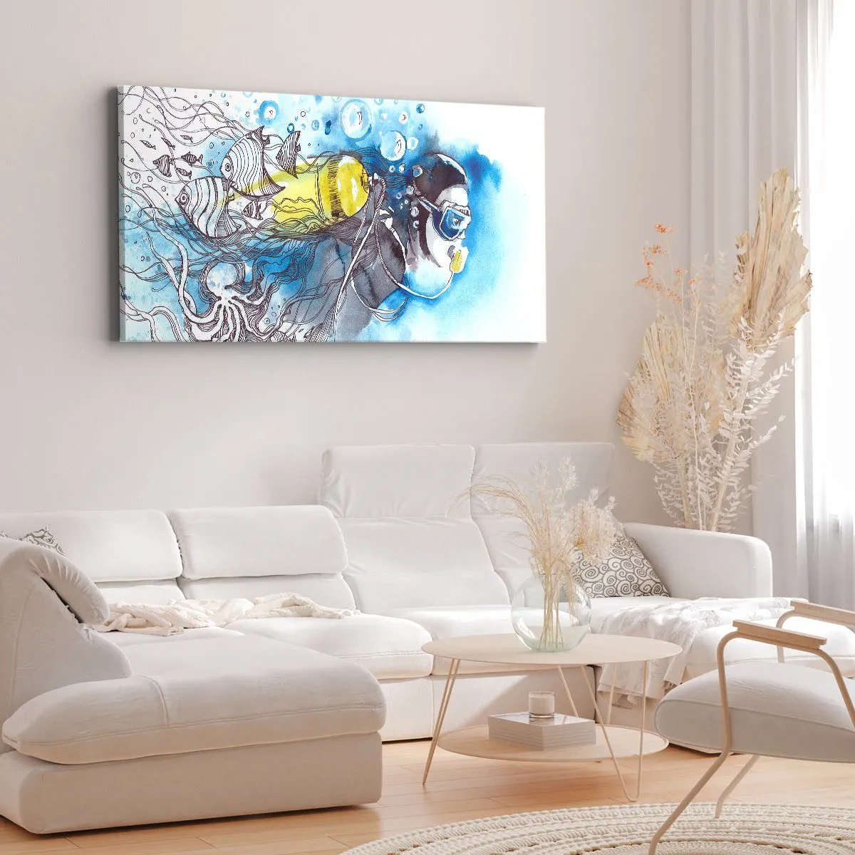 Cuadro sobre lienzo - Impresión de Imagen - Escena submarina con un buceador y peces exóticos. - 140x50cm - Sumergirse en lo desconocido - Decoración de pared moderna para salón y dormitorio ARTTOR