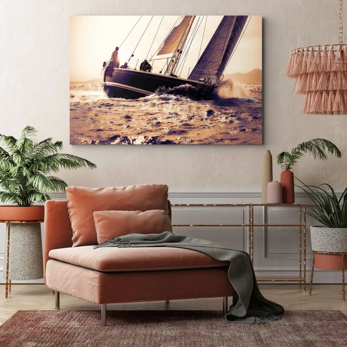 Cuadro sobre lienzo - Impresión de Imagen - Un yate en un mar tempestuoso a la luz del sol poniente. - 120x80cm - Navega, marinero - Decoración de pared moderna para salón y dormitorio ARTTOR