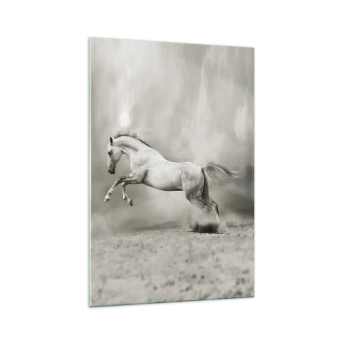 Cuadro sobre vidrio - Impresiones sobre Vidrio - Un caballo blanco en un salto dinámico sobre un fondo de nubes brumosas. - 70x100cm - Entre la realidad y el sueño - Decoración de pared moderna para salón y dormitorio ARTTOR