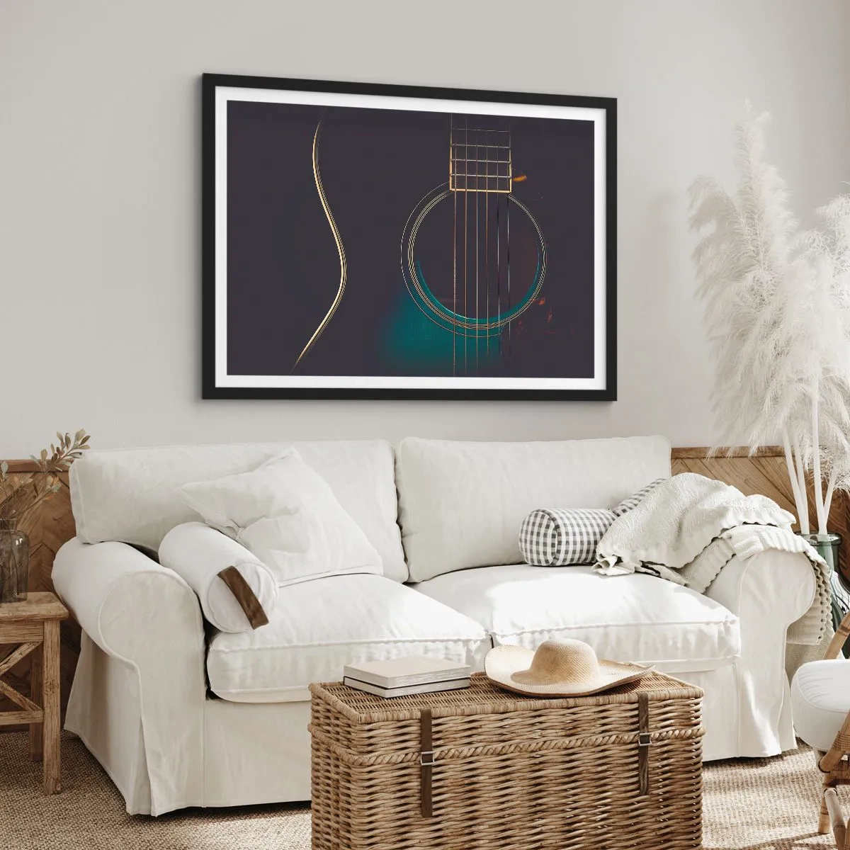 Póster en marco negro - Guitarra acústica en luz oscura y elegante. - 70x50cm - Un momento antes de que suene - Decoración de pared moderna para salón y dormitorio ARTTOR