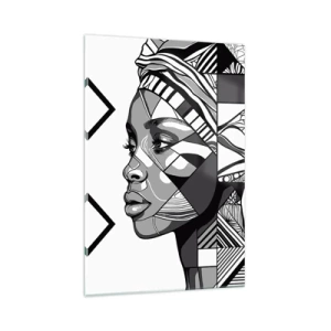Cuadro sobre vidrio - Impresiones sobre Vidrio - Retrato en blanco y negro de una mujer en estilo étnico. - 70x100cm - Retrato étnico - Decoración de pared moderna para salón y dormitorio ARTTOR