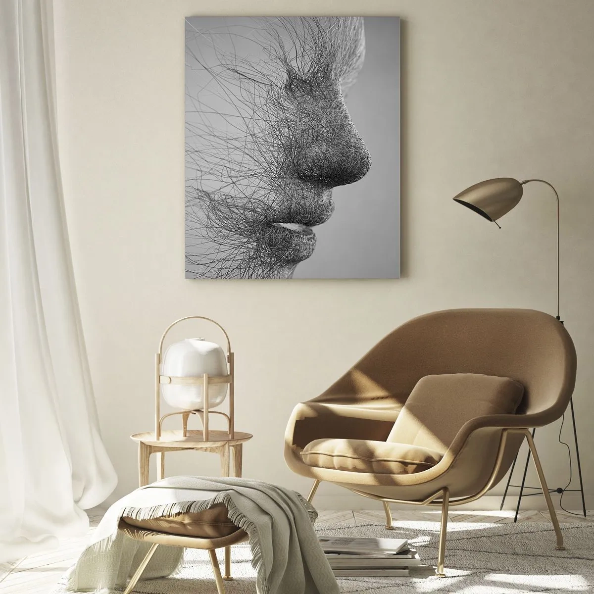 Cuadro sobre vidrio - Impresiones sobre Vidrio - Perfil de rostro abstracto en blanco y negro con líneas - 50x70cm - Espíritu del viento - Decoración de pared moderna para salón y dormitorio ARTTOR