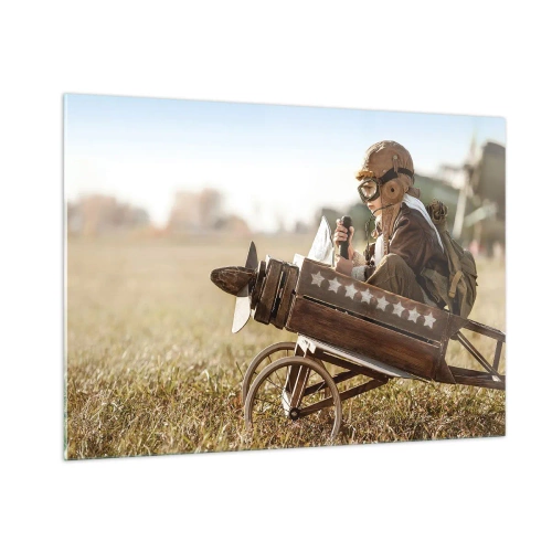 Cuadro sobre vidrio - Impresiones sobre Vidrio - Un niño en un avión de madera, pretendiendo ser piloto, vistiendo ropa de aviador. - 100x70cm - Despegue hacia un sueño - Decoración de pared moderna para salón y dormitorio ARTTOR