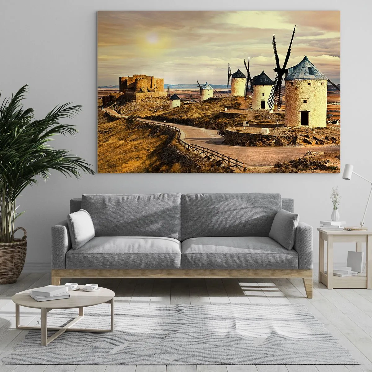 Cuadro sobre vidrio - Impresiones sobre Vidrio - Molinos de viento y un castillo en el paisaje al atardecer. - 120x80cm - Don Quijote los vio - Decoración de pared moderna para salón y dormitorio ARTTOR