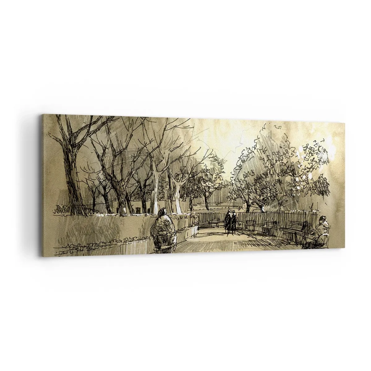 Cuadro sobre lienzo - Impresión de Imagen - Una escena de dibujos animados de un parque con gente caminando en tonos cálidos. - 120x50cm - Un momento hecho a pluma - Decoración de pared moderna para salón y dormitorio ARTTOR
