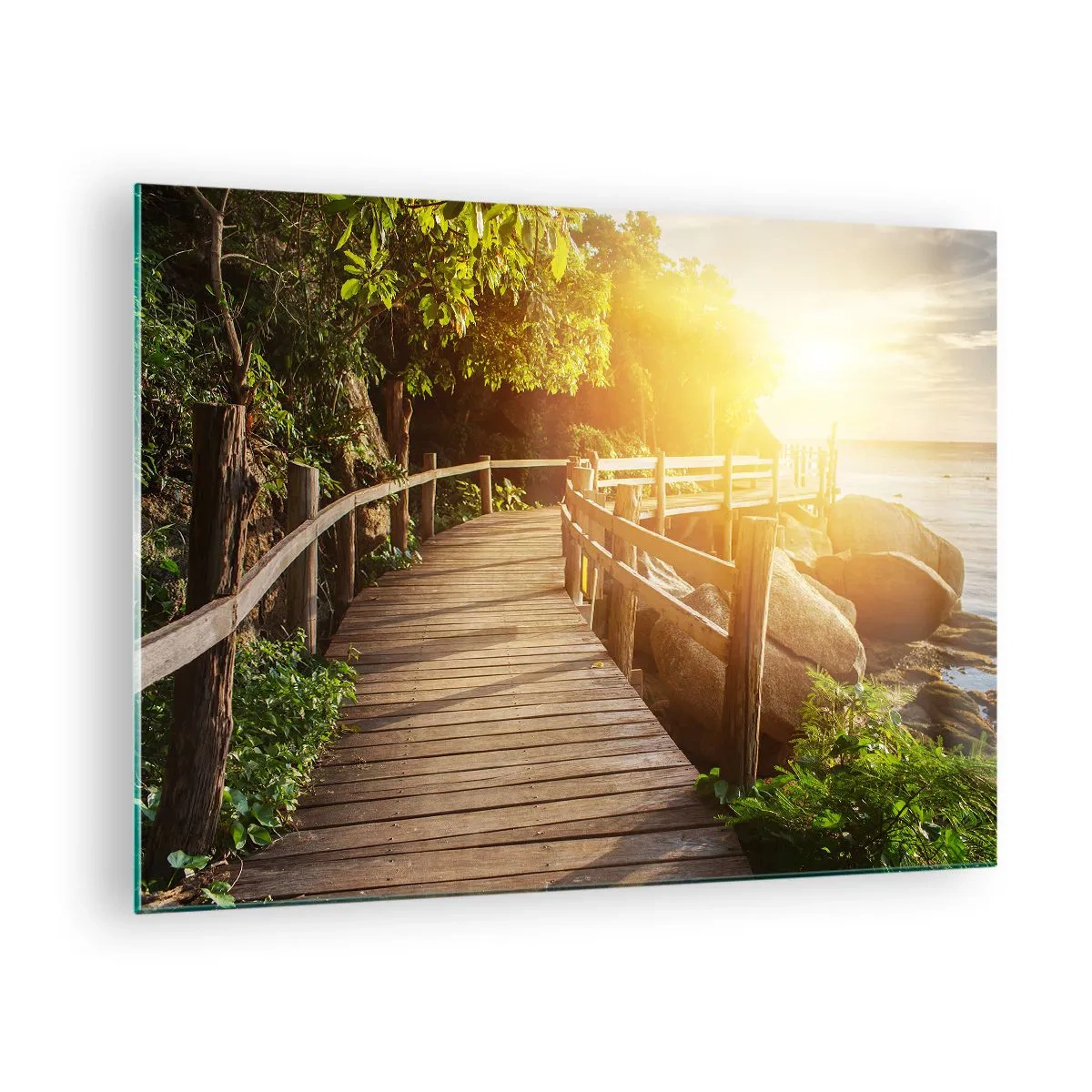 Cuadro sobre vidrio - Impresiones sobre Vidrio - Un camino de madera entre los árboles junto al mar a la luz del atardecer. - 70x50cm - Otra curva, otra maravilla - Decoración de pared moderna para salón y dormitorio ARTTOR