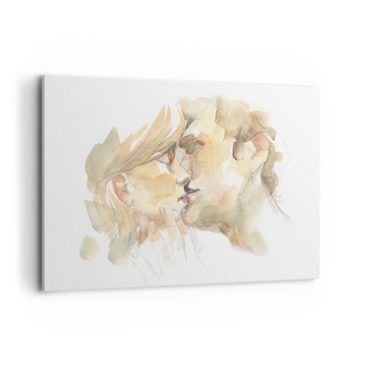 Cuadro sobre lienzo - Impresión de Imagen - Retrato romántico en acuarela de una pareja besándose. - 120x80cm - ¿La media naranja encontrada? - Decoración de pared moderna para salón y dormitorio ARTTOR