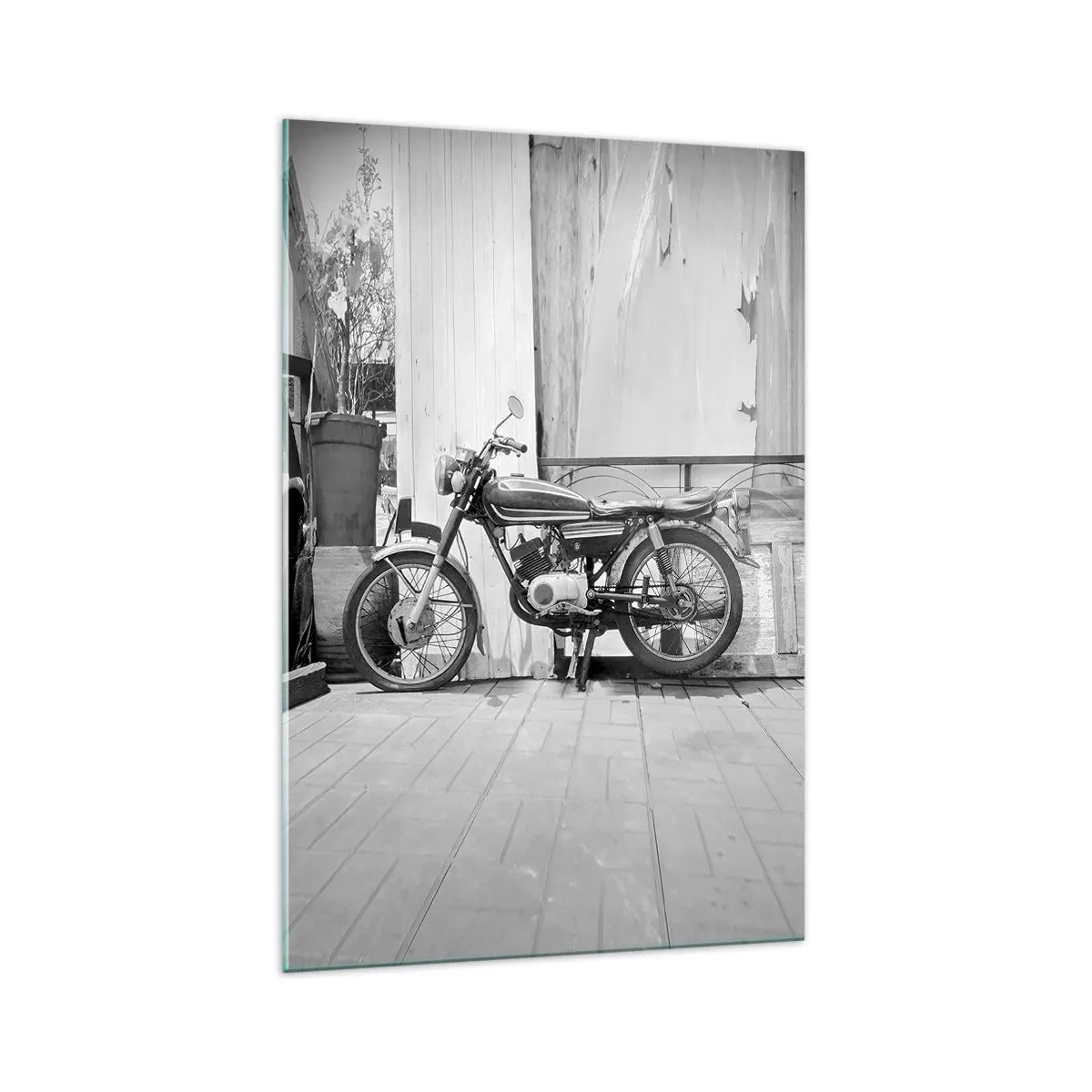 Cuadro sobre vidrio - Impresiones sobre Vidrio - Fotografía en blanco y negro de una motocicleta clásica. - 70x100cm - Los clásicos por encima de todo - Decoración de pared moderna para salón y dormitorio ARTTOR