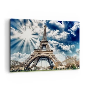 Cuadro sobre lienzo - Impresión de Imagen - La Torre Eiffel contra un cielo soleado con nubes. - 100x70cm - Única bajo el sol - Decoración de pared moderna para salón y dormitorio ARTTOR