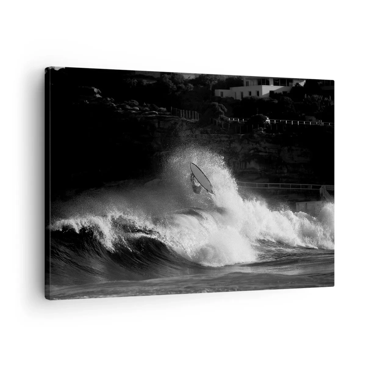 Cuadro sobre lienzo - Impresión de Imagen - Un surfista montando una ola en monocromo. - 70x50cm - Desafío aceptado - Decoración de pared moderna para salón y dormitorio ARTTOR