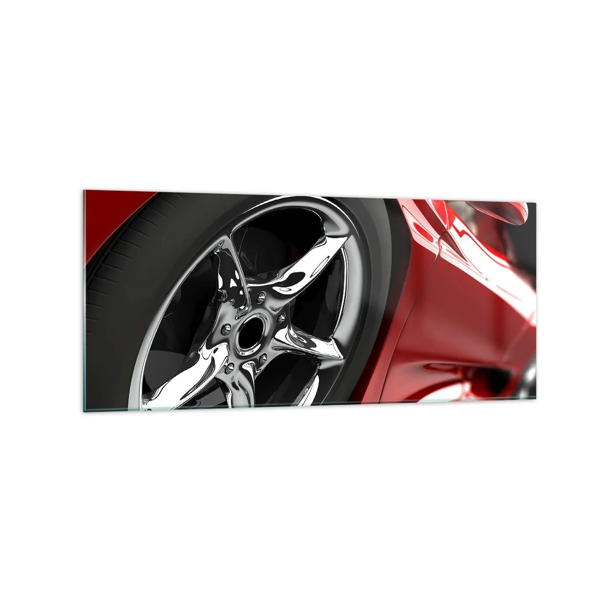 Cuadro sobre vidrio - Impresiones sobre Vidrio - Coche deportivo rojo con ruedas cromadas - 120x50cm - Creado para la velocidad - Decoración de pared moderna para salón y dormitorio ARTTOR