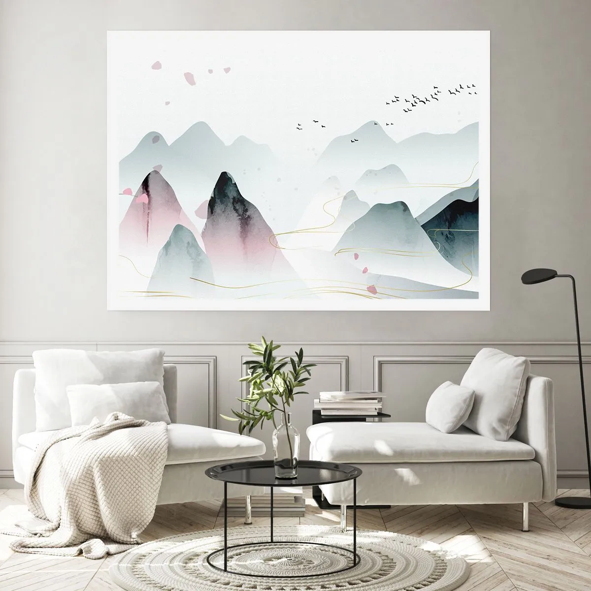 Póster - Montañas abstractas en tonos pastel - 100x70cm - Sobre las cimas - Decoración de pared moderna para salón y dormitorio ARTTOR