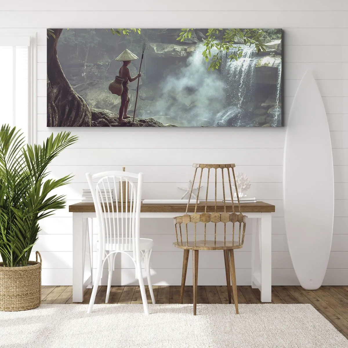 Cuadro sobre lienzo - Impresión de Imagen - Una figura con una lanza en una cascada en un bosque tropical. - 160x50cm - Amistad con la naturaleza - Decoración de pared moderna para salón y dormitorio ARTTOR